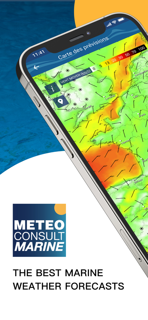 Météo Marine - Smartphone screen showing the Meteo Marine app with a colorful wind speed forecast map