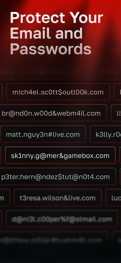 Red VPN app screen displaying the email and password protection feature with a list of monitored accounts