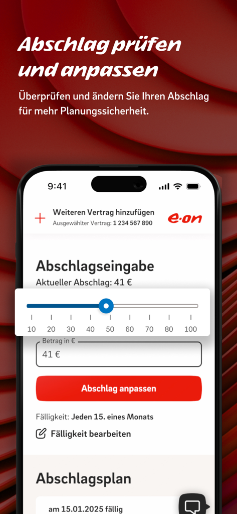 Mein E.ON - Interfaz de la aplicación Mein E.ON que muestra un control deslizante y un campo de entrada para ajustar las cuotas mensuales de energía.