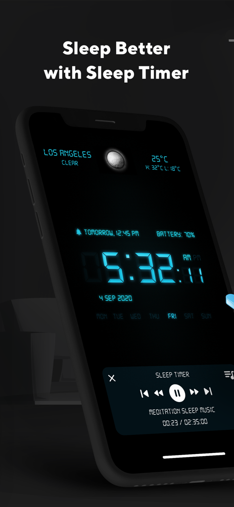 Alarm Clock: Music Sleep Timer - iPhone screen displaying a digital blue LCD alarm clock with a sleep timer playing meditation music