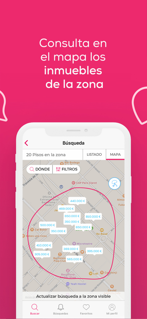 yaencontre - pisos y casas - Vista de mapa en la aplicación inmobiliaria yaencontre que muestra precios de propiedades y un área de búsqueda personalizada dibujada en el mapa.