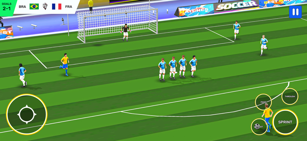 A soccer match scene in Football Game 2025 Super Kick with virtual joystick and action buttons.