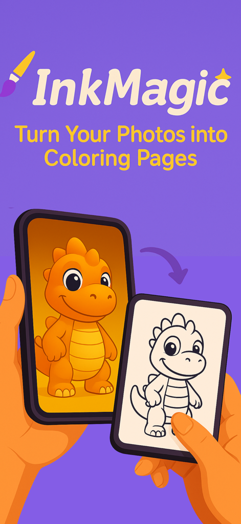 InkMagic Photo Coloring Pages - A smartphone showing the InkMagic app converting a colorful dinosaur photo into a black and white coloring page outline.