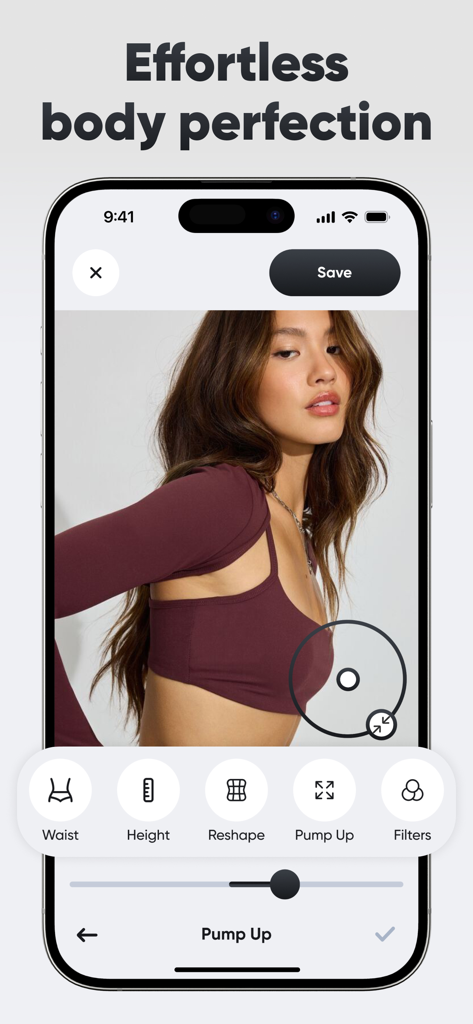 Mobile app interface showing body sculpting tools like waist height and reshape on a photo of a woman