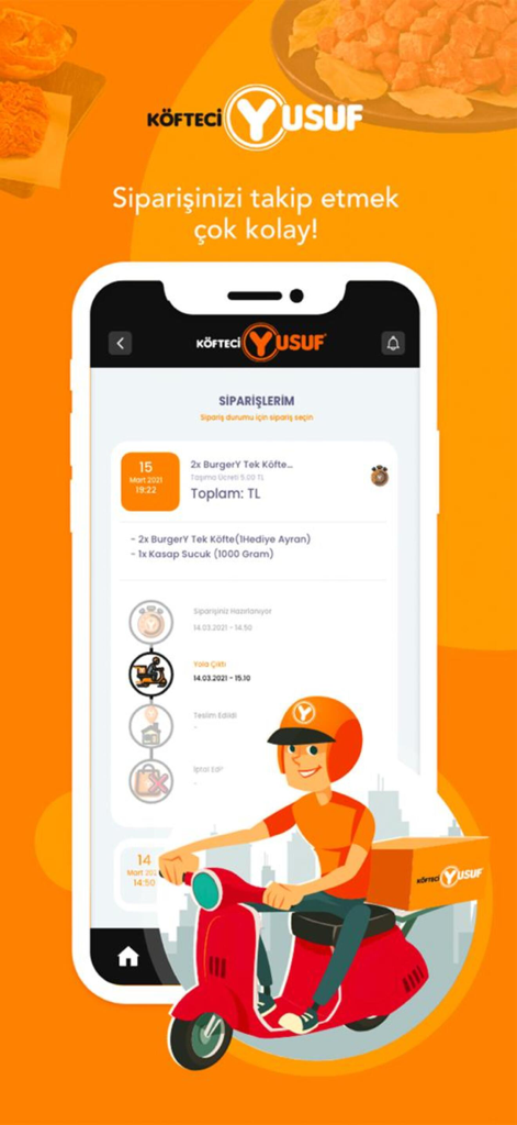 Köfteci Yusuf - Order tracking screen of the Köfteci Yusuf app featuring a courier on a red scooter.