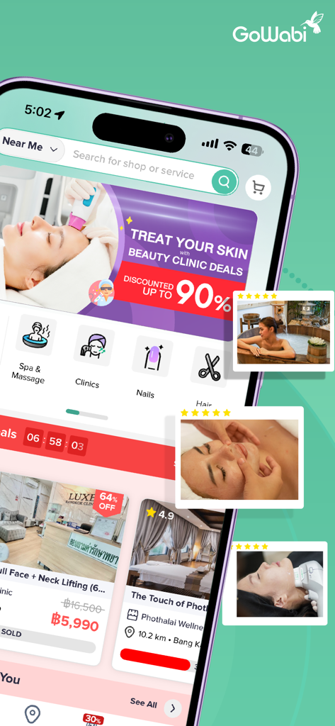 GoWabi mobile app screen displaying beauty clinic discounts and spa services