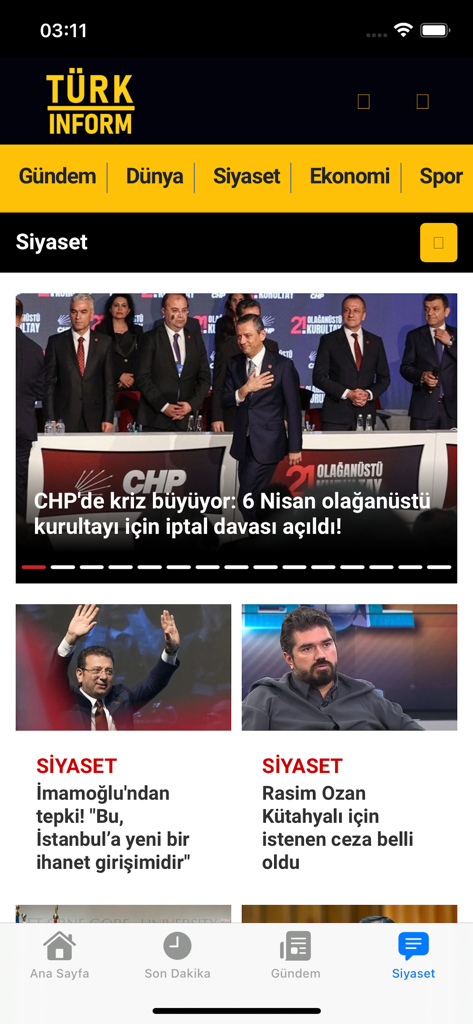 TURKINFORM - TURKINFORM mobile app showing political news headlines and categories in Turkish