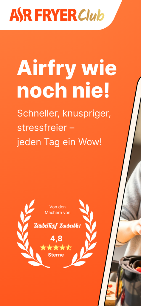 エアフライヤークラブアプリのウェルカム画面。4.8の星評価とヘルシーなエアフライヤーレシピのメリットが表示されています