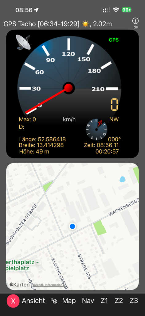 Interface of GPS Speedometer showing analog speed display and location map