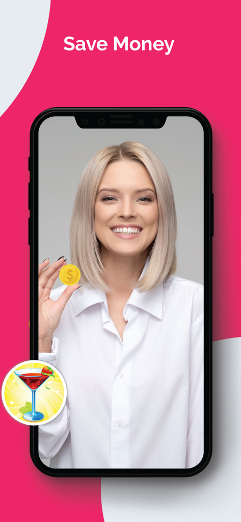 Smartphone screen displaying Save Money with a woman holding a gold coin