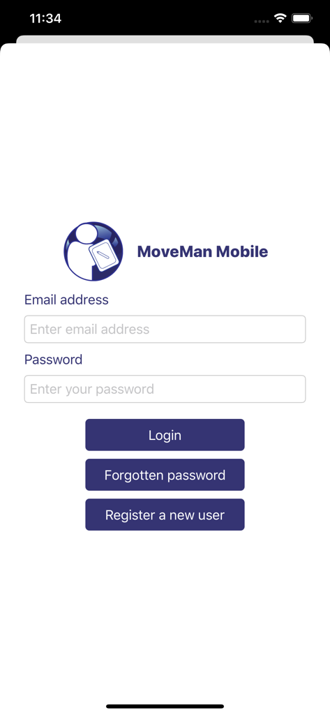 MoveMan Mobile login screen for professional moving company estimators and surveyors.
