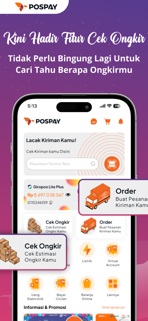 The POSPAY mobile app interface featuring shipping cost calculator and package tracking tools for Indonesian users.