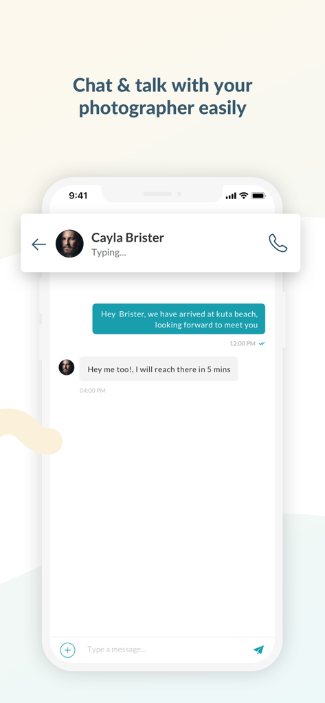 SweetEscape - Mobile app interface showing a chat conversation between a traveler and a local photographer.