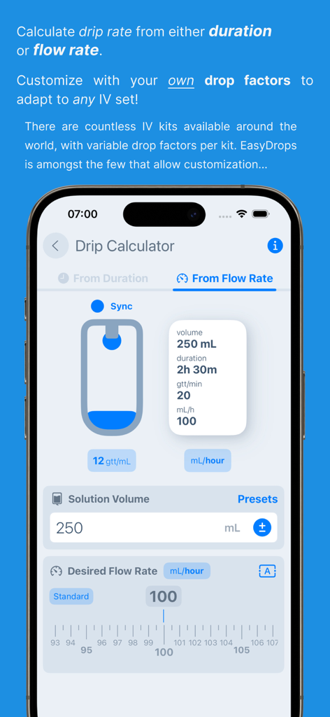 EasyDrops IV Drip Calculator interface showing manual flow rate and volume settings for gravity drip sets.