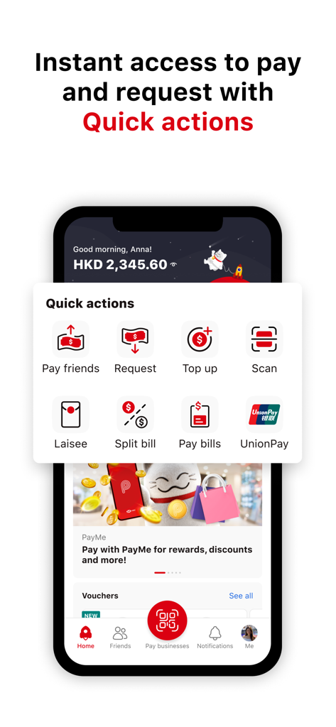 PayMe by HSBC mobile app showing quick action buttons for payments and digital red packets