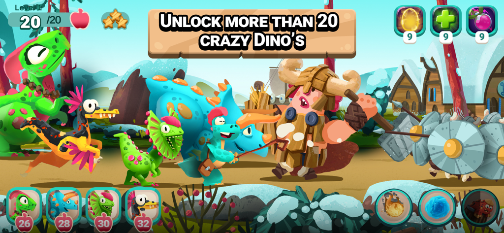 Dino Bash: Travel Through Time - Gameplay screenshot of Dino Bash showing colorful dinosaurs and a viking character in a winter setting.