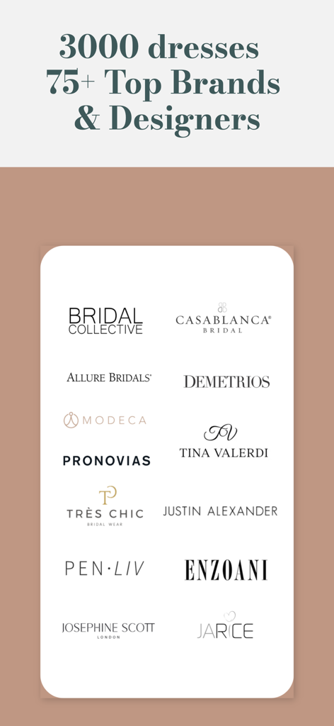 Una colección de logotipos de las mejores marcas y diseñadores de vestidos de novia disponibles en la aplicación Bridify.