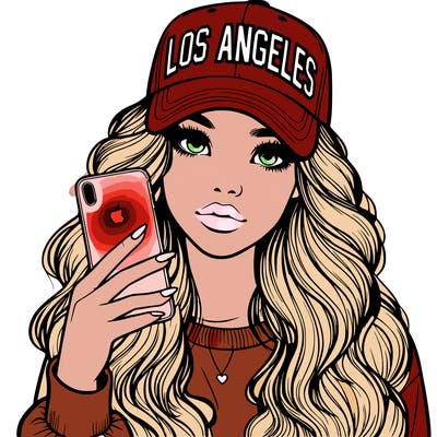 realistic beautiful girl wearing los ángeles cap holding an iphone