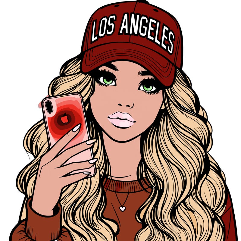 realistic beautiful girl wearing los ángeles cap holding an iphone