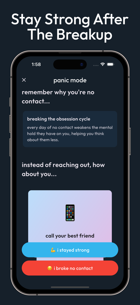 No Contact Tracker: After Us - Panic mode screen in the After Us app with tips to avoid contacting an ex.