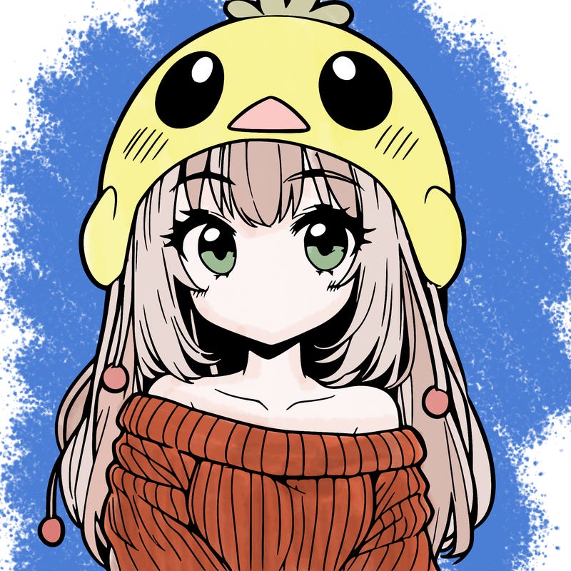 anime girl with chick shaped hat with sweater with bare shoulders with bangs covering them one eye with low tail
