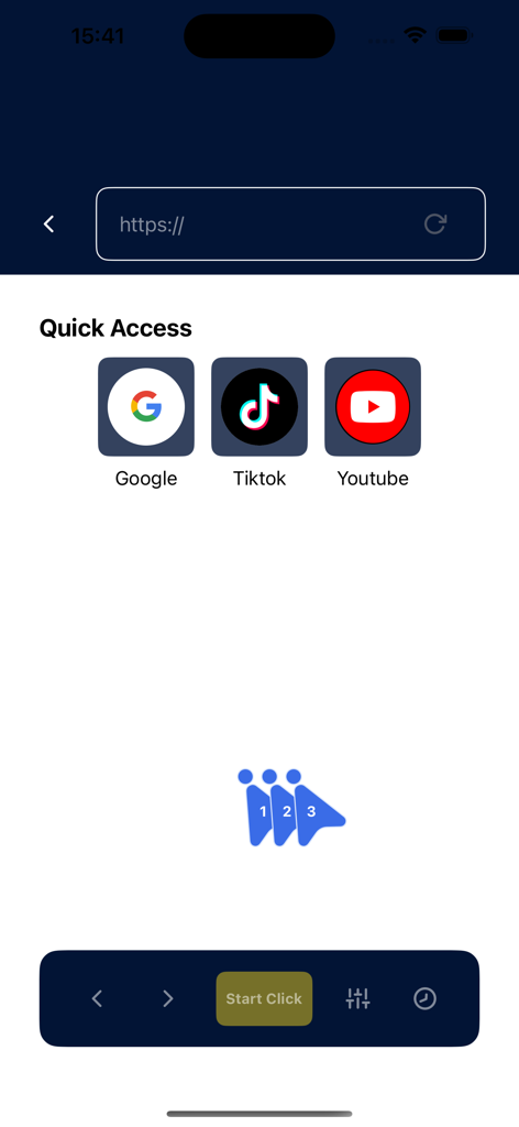 Auto Clicker : Auto Tap - Auto Clicker app interface featuring an in-app browser with shortcuts for Google TikTok and YouTube