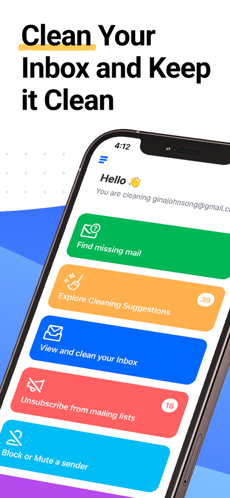 Clean Email App-Dashboard auf dem iPhone zeigt Funktionen zur Postfachbereinigung und Abmeldung