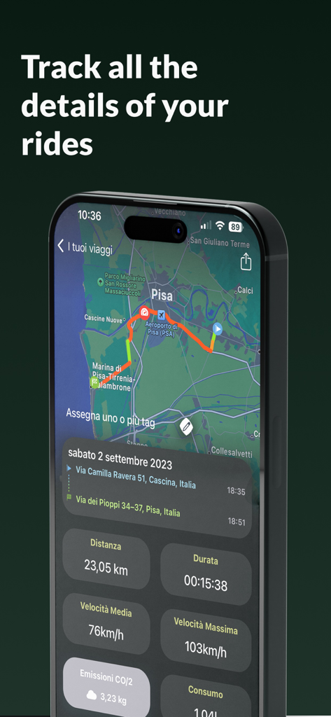 Ride Log: Motorcycle Tracker - Tela de smartphone mostrando estatísticas detalhadas de passeios de motocicleta e mapa de rota no aplicativo Ride Log