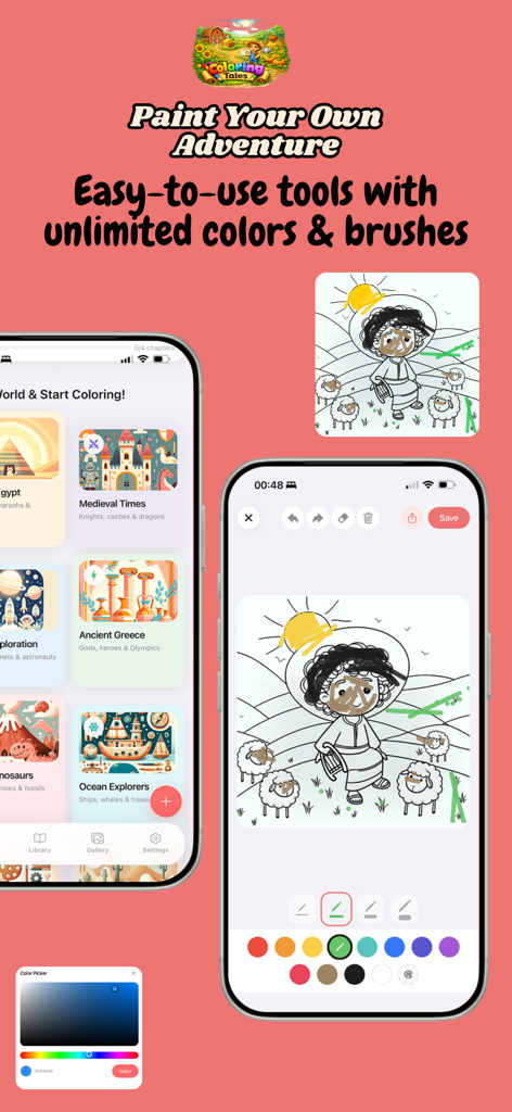 ColoringTales - Interfaz de la aplicación ColoringTales con herramientas de pintura digital y temas históricos para colorear para niños