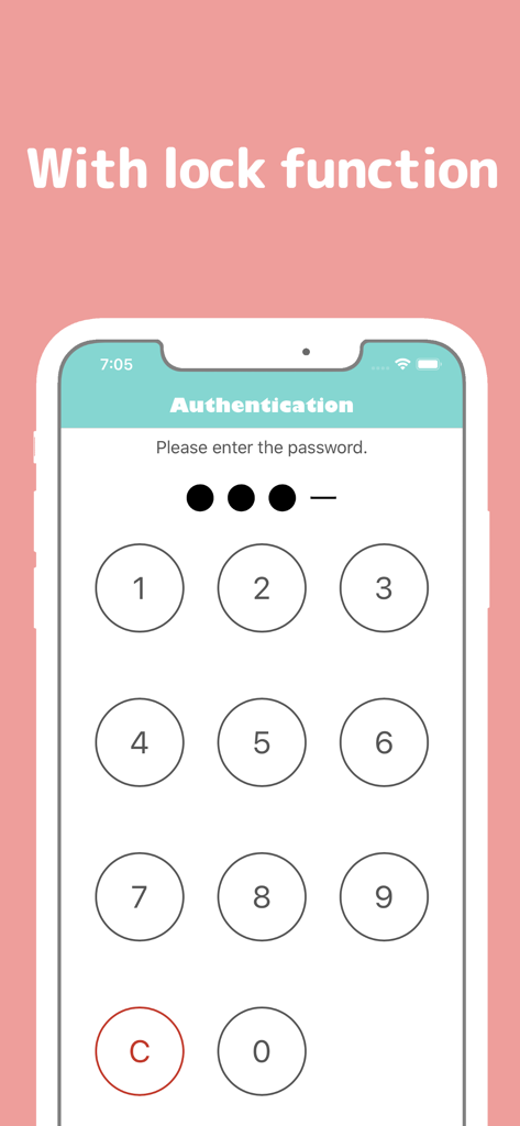 Numeric keypad on the authentication screen for Simple Notepad security lock function