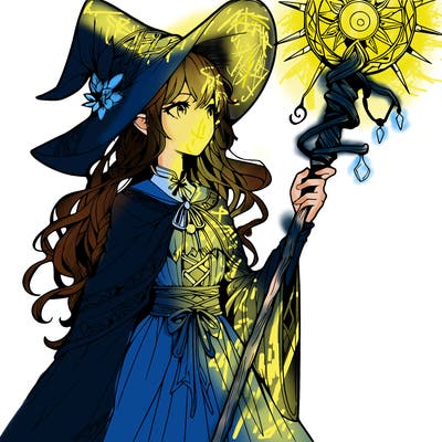 a realistic fantasy manga witch with a staff
