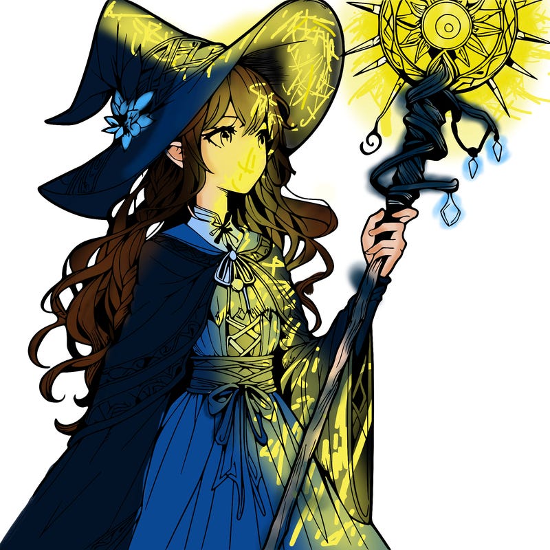 a realistic fantasy manga witch with a staff
