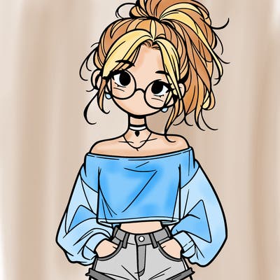 girl with a messy ponytail glasses a baggy crop top and jean shorts