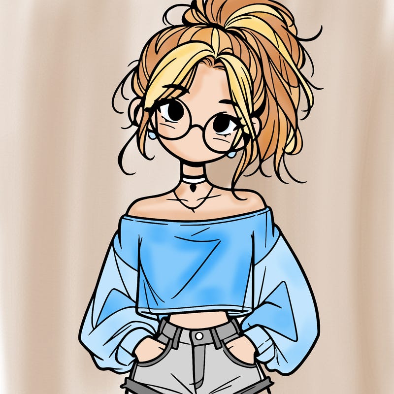 girl with a messy ponytail glasses a baggy crop top and jean shorts