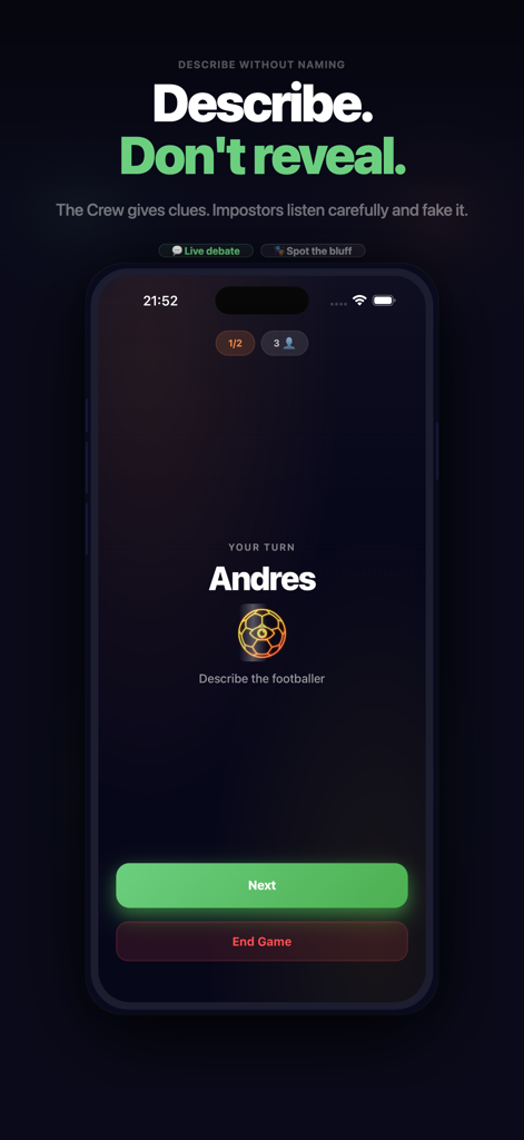 Impostor Football - Pantalla de juego de Fútbol Impostor que muestra un turno de jugador para describir a un futbolista sin revelar el nombre