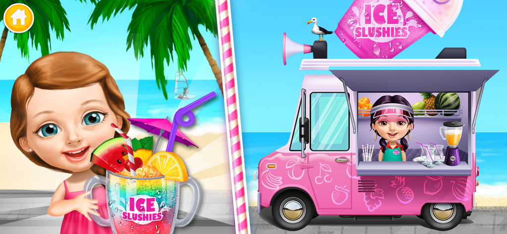 Sweet Olivia Summer Fun 2 - Sweet Olivia holding a colorful ice slushie next to a pink slushie food truck