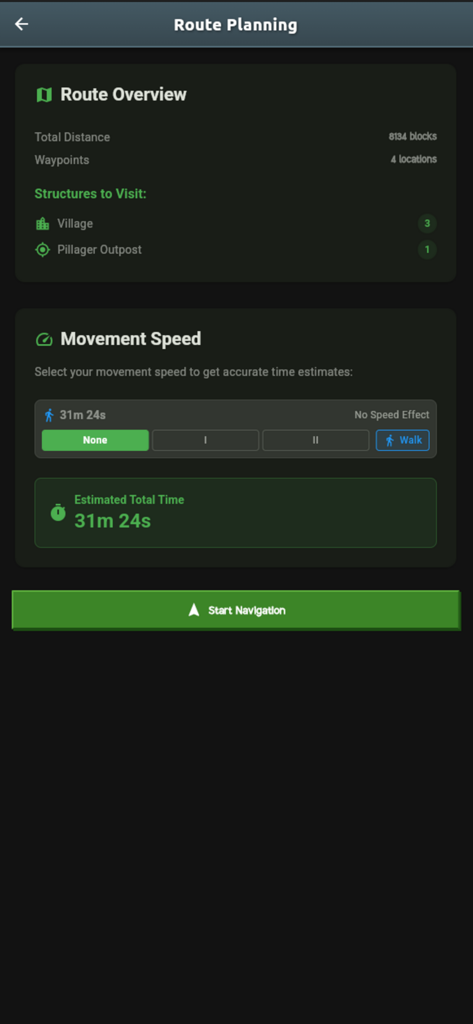 SeedMap route planning interface showing travel distance and time estimates for Minecraft world locations