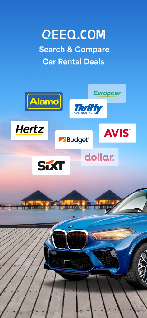 QEEQ Car Rental - QEEQ app screen for searching and comparing car rental deals from top brands like Hertz Avis and Sixt.
