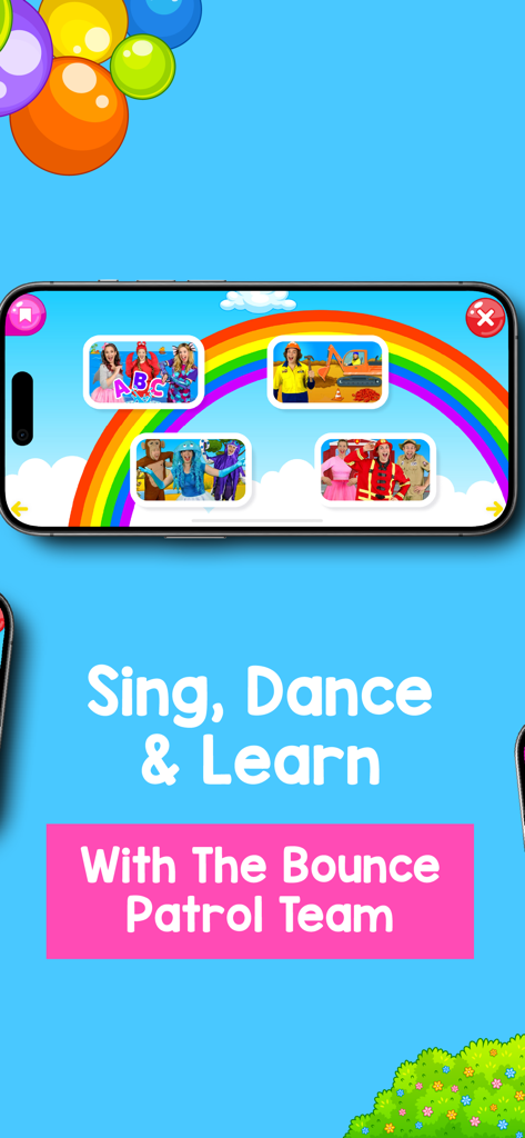Bounce Patrol Nursery Rhymes! - Una colorida pantalla de aplicación móvil para niños que muestra al equipo de Bounce Patrol y una interfaz de selección de video con arcoíris.