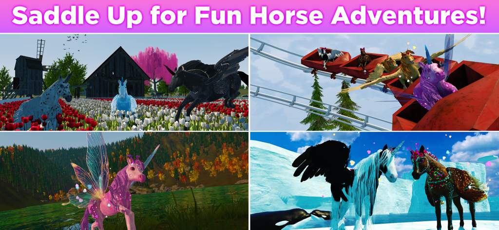 Flying Unicorn Simulator 2024 - Collage of unicorns in various game environments including a tulip farm and a roller coaster