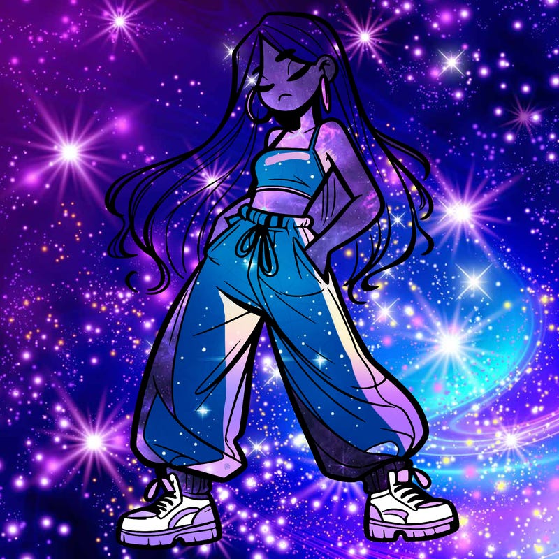 girl in baggy pants crop top and long hair