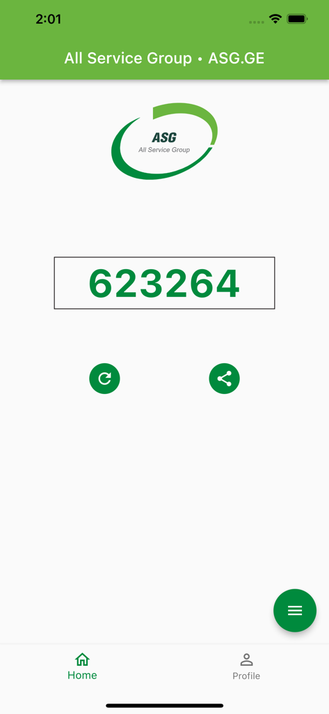 All Service Group ASG.GE - All Service Group app home screen featuring a numeric access code and navigation menu.