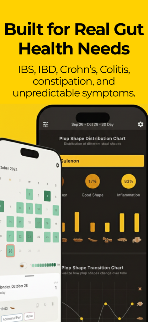 Interfaz de la app Plop mostrando gráficos de distribución de heces y un calendario de seguimiento de salud para controlar afecciones digestivas