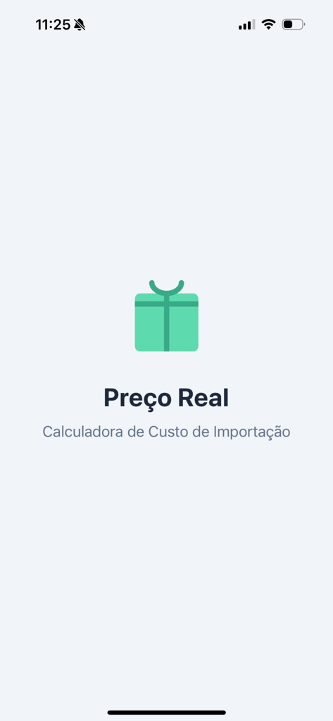 Import Calculator - Tela inicial do aplicativo Calculadora de Importação para impostos de importação brasileiros com um ícone de presente verde