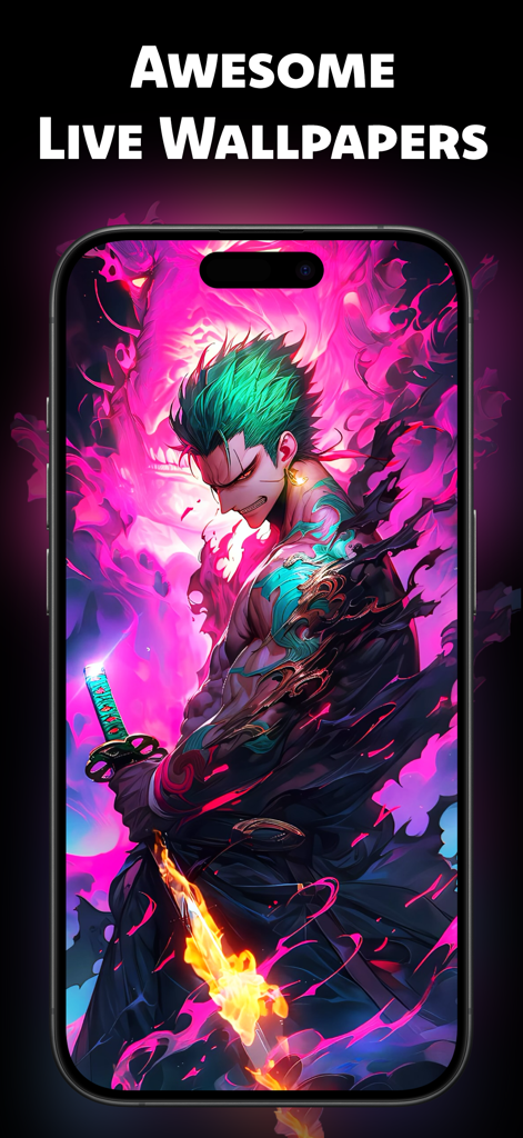 An iPhone screen displaying a vibrant live wallpaper of a green-haired anime character with a flaming sword