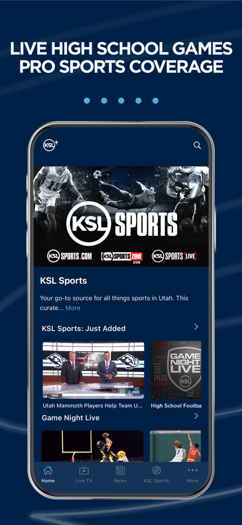 KSL+ - Interfaz de la aplicación KSL Plus destacando deportes locales de secundaria y profesionales en Utah en vivo.