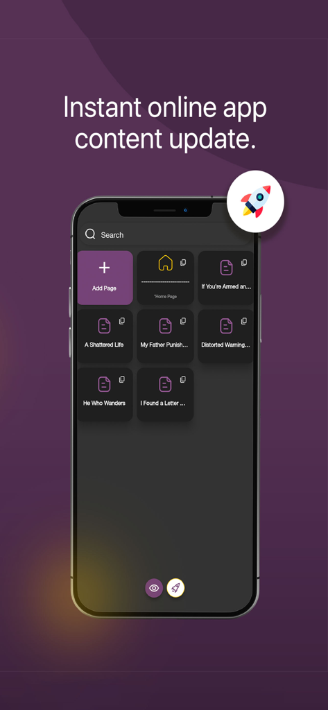 MobEasy - Smartphone screen showing MobEasy app builder interface with instant online content update feature