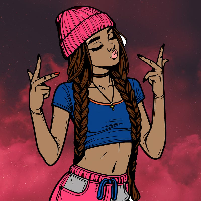 realistic teenage girl with braids and a beanie and crop top doing 🫶🏼