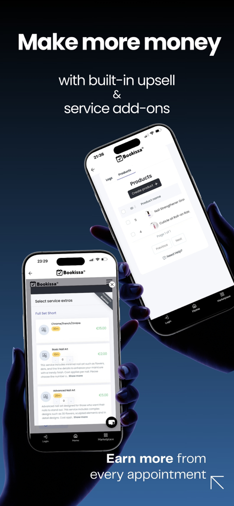 Bookissa - Bookissa app interface showing built-in service add-ons and product upsells for beauty professionals to increase revenue.