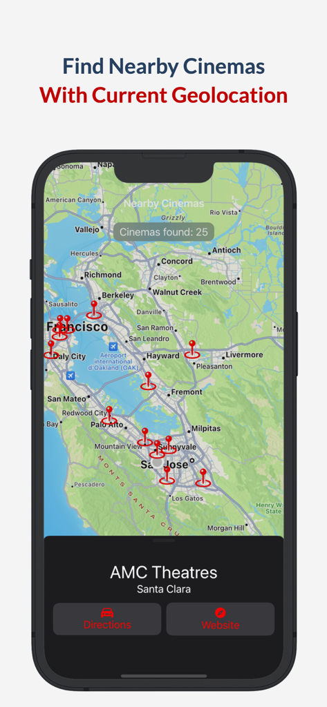 Flujo TV - Movies Finder - Screenshot of Flujo TV app displaying a map with red pins indicating nearby movie theaters.
